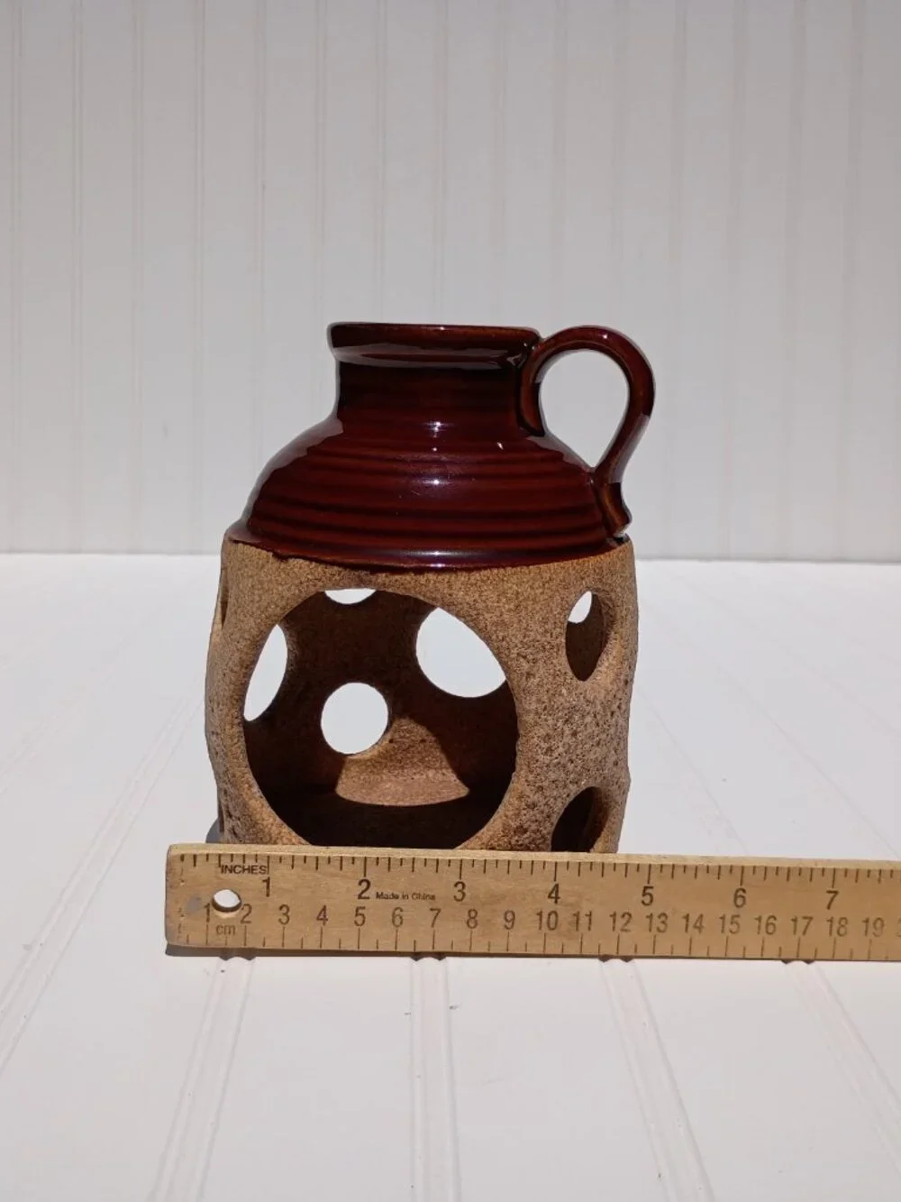 Vintage Royal Haeger USA Pottery Jug Vase Brown Glazed Crockery Cutout Pattern