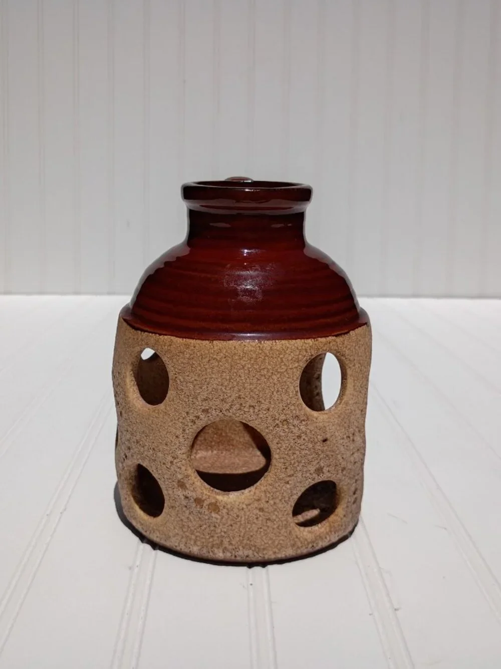 Vintage Royal Haeger USA Pottery Jug Vase Brown Glazed Crockery Cutout Pattern