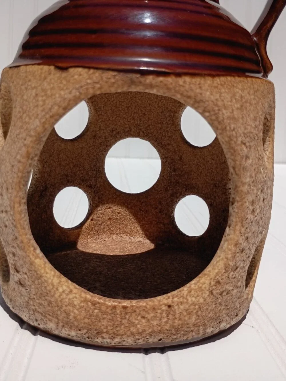 Vintage Royal Haeger USA Pottery Jug Vase Brown Glazed Crockery Cutout Pattern