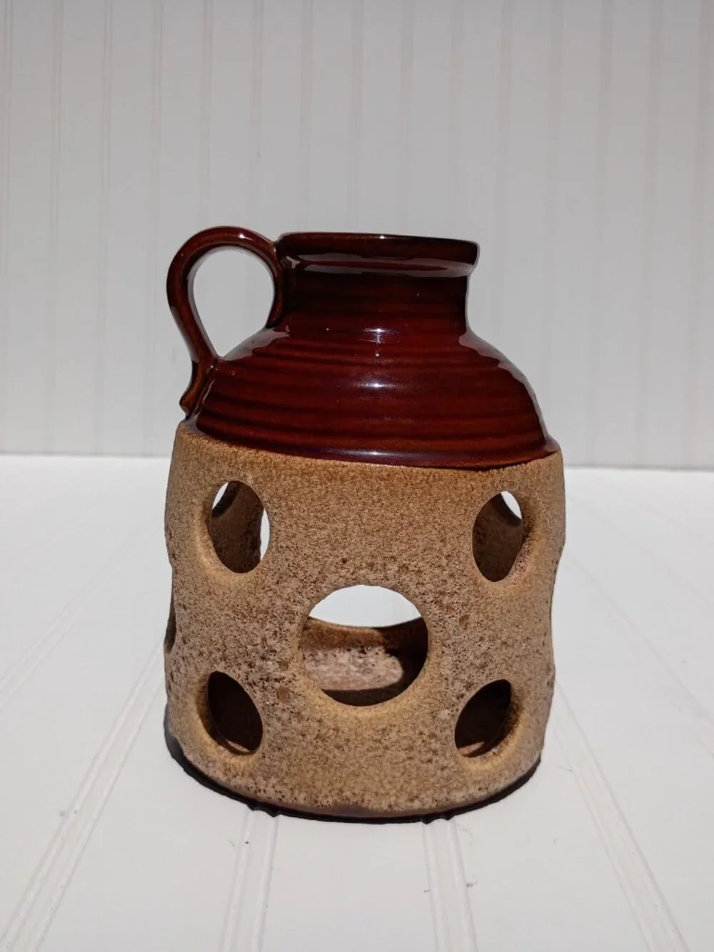 Vintage Royal Haeger USA Pottery Jug Vase Brown Glazed Crockery Cutout Pattern