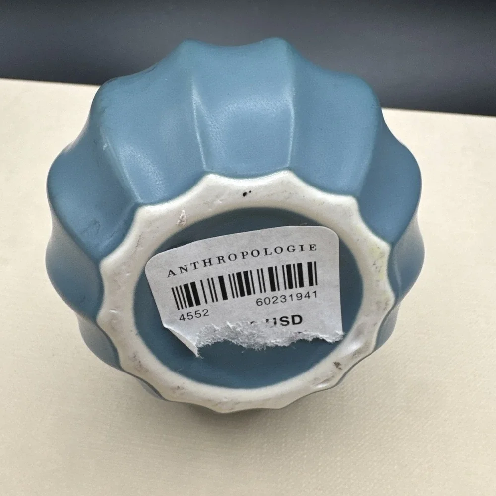 Anthropologie Vase‎ Matte Blue Ribbed Small Bud Flower w Tag Modern Coastal