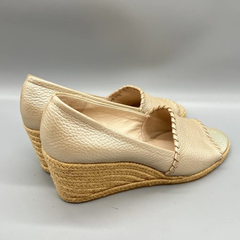 Jack Rogers Sandals Womens 9 Gold Leather Palmer Espadrille Peep Toe Wedge Shoes
