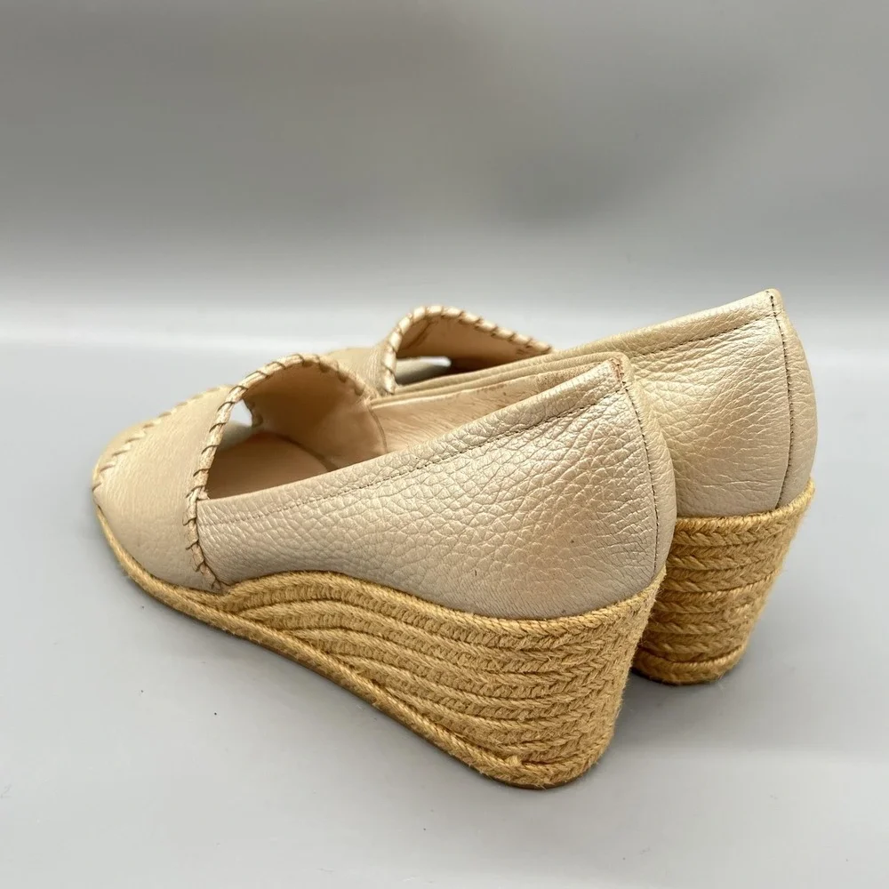 Jack Rogers Sandals Womens 9 Gold Leather Palmer Espadrille Peep Toe Wedge Shoes
