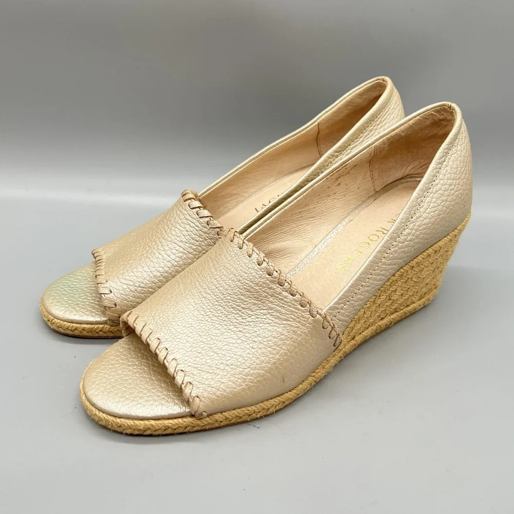 Jack Rogers Sandals Womens 9 Gold Leather Palmer Espadrille Peep Toe Wedge Shoes