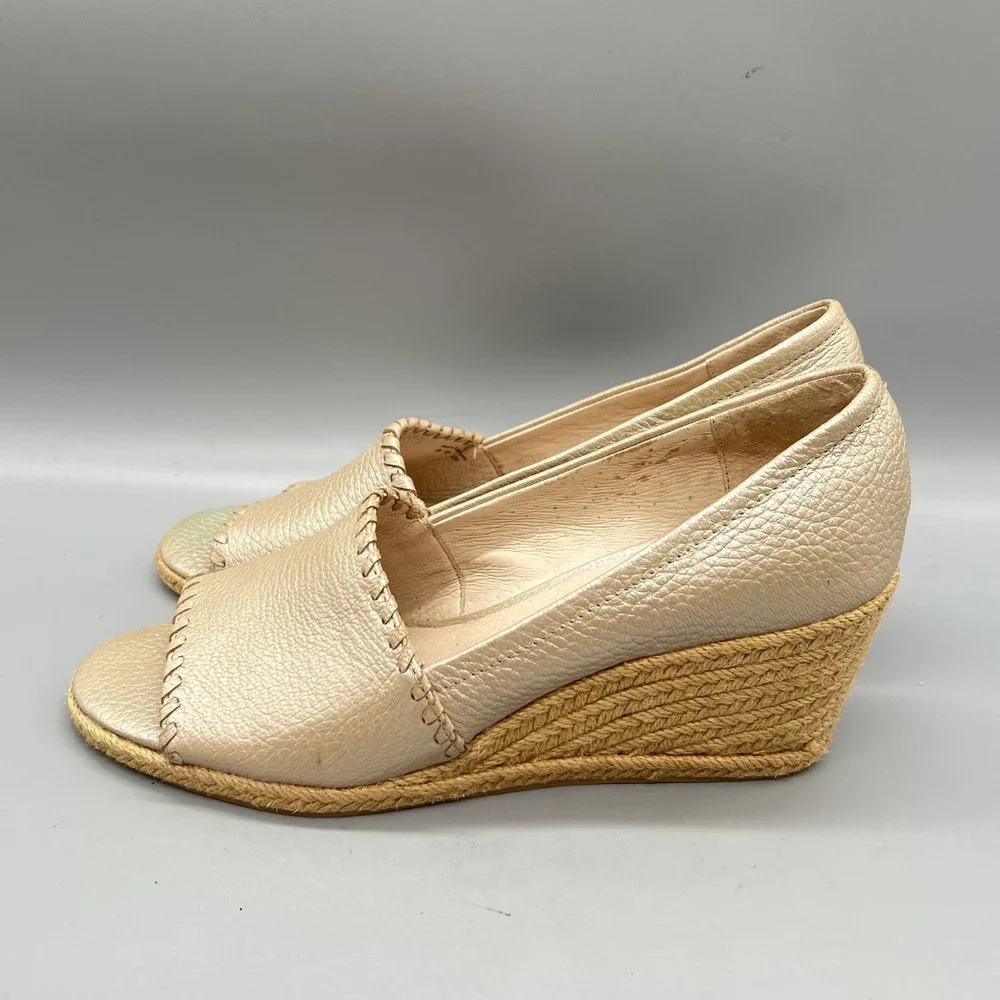 Jack Rogers Sandals Womens 9 Gold Leather Palmer Espadrille Peep Toe Wedge Shoes